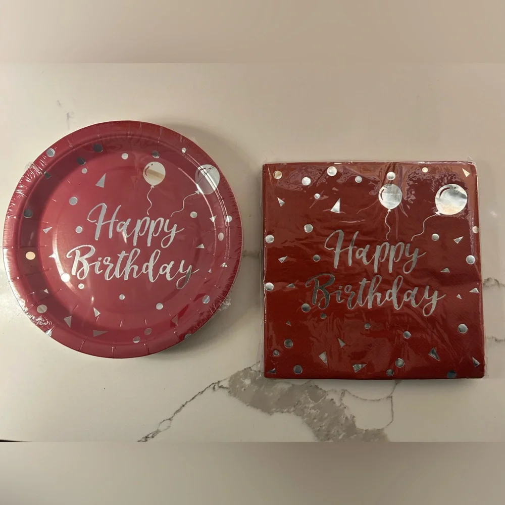 Red Happy Birthday Banner, redd, happy birthday plates and napkins kit,10Feet